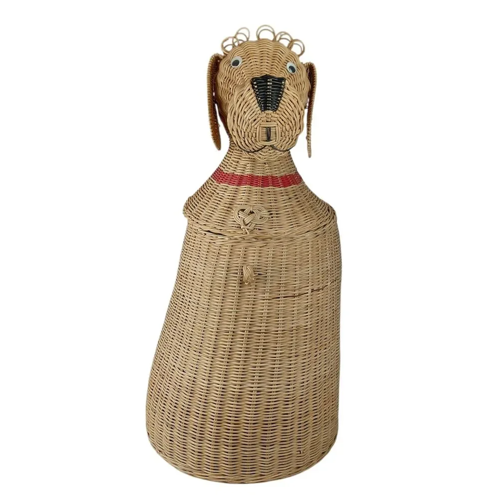 Wicker Dog Basket Hamper Laundry Puppy Collar Animal Novelty Vtg 70's MCM 31